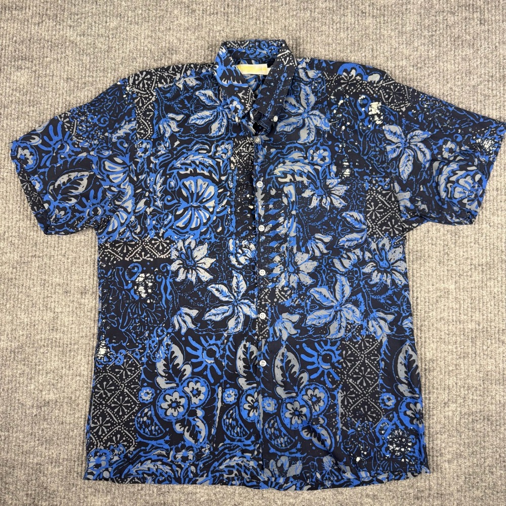 Vtg 90s Penang Button Up Shirt Mens L Short Sleeve Batik Floral Tropical Beach